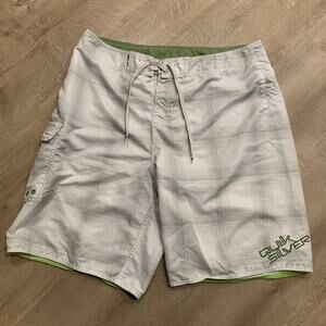 Vintage Y2K Quiksilver Plaid Stripe Surf Board Shorts Men's Size 36 Green White
